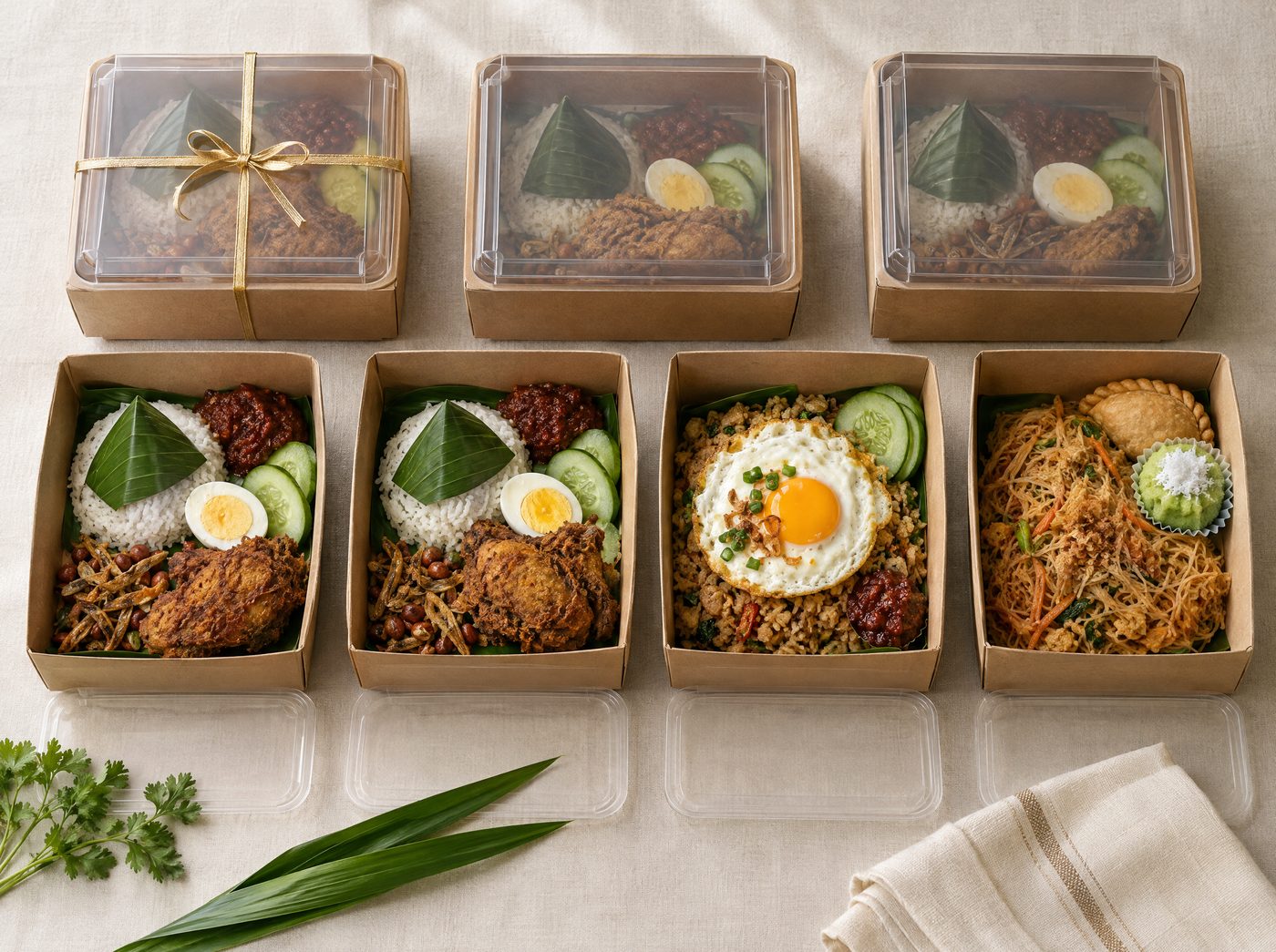Kotak bento nasi lemak dan nasi goreng disusun kemas