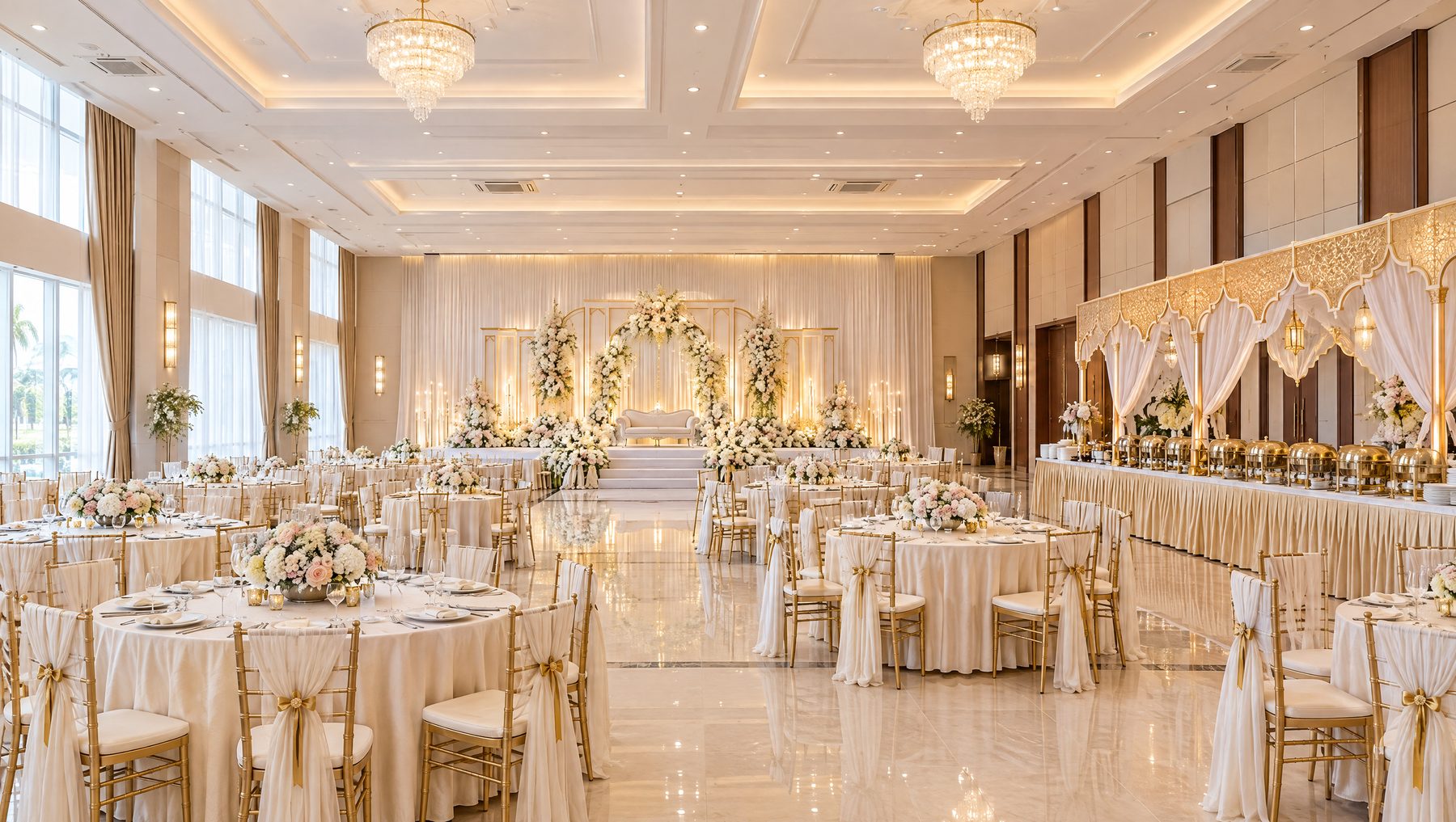 Dewan majlis dengan meja bulat, kerusi bersarung dan pelamin putih emas