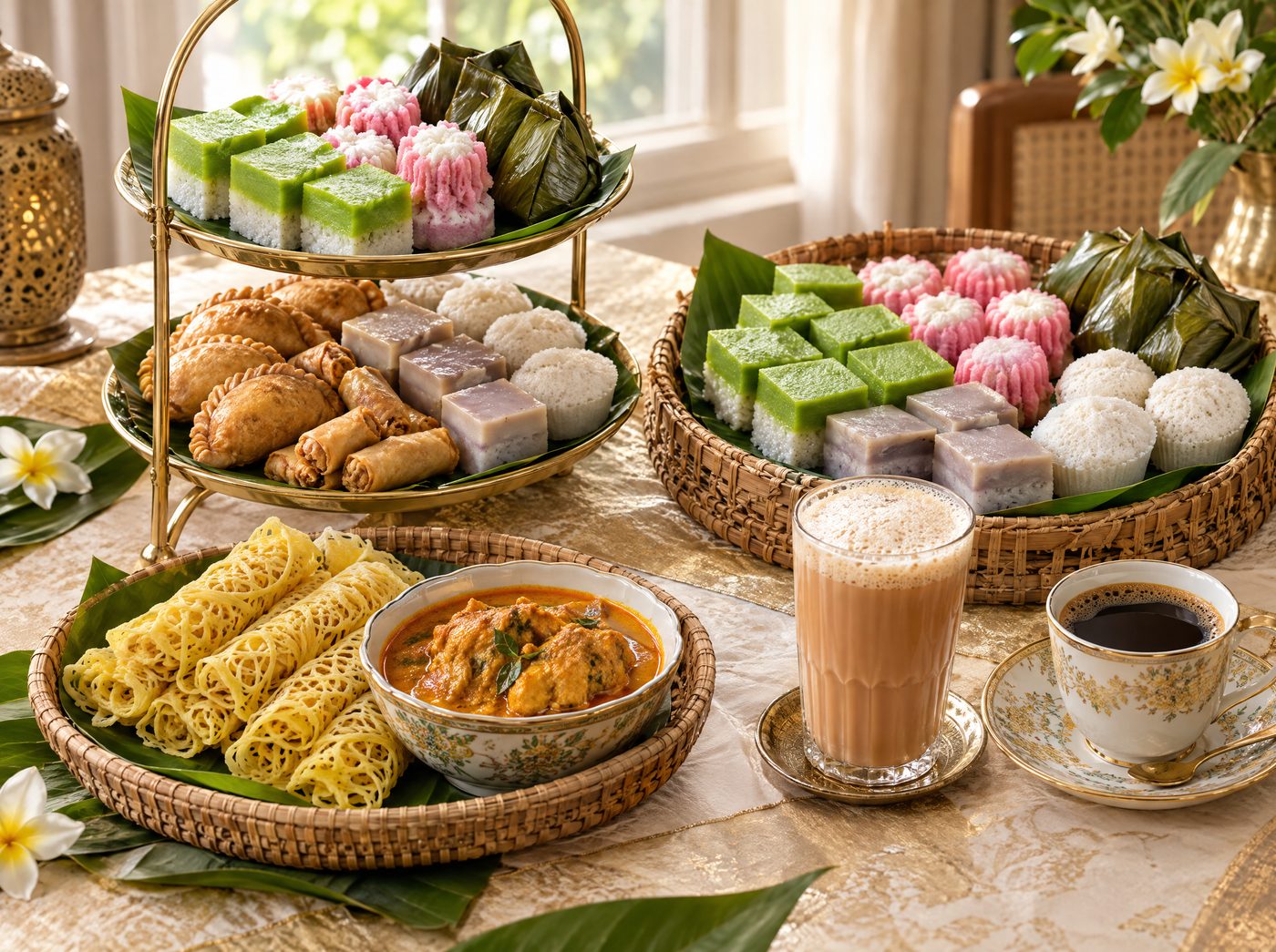 Hidangan hi-tea dengan roti jala, kuih tradisional dan teh tarik